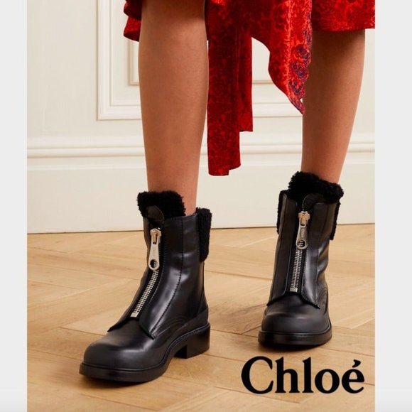 CHLOE Roy Zip Platform Combat Shearling Boots 37.5 - Picture 1 of 11